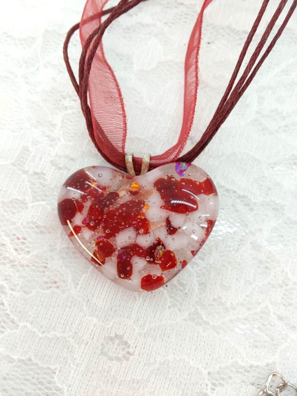 Fused Glass Red/White Heart - Handmade Jewelry Necklace Pendant with Chain